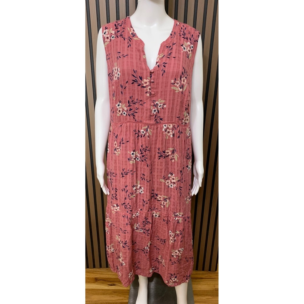 J. Jill Pink Floral Sleeveless Tiered Maxi Dress XL Rayon V-Neck Ladder Lace